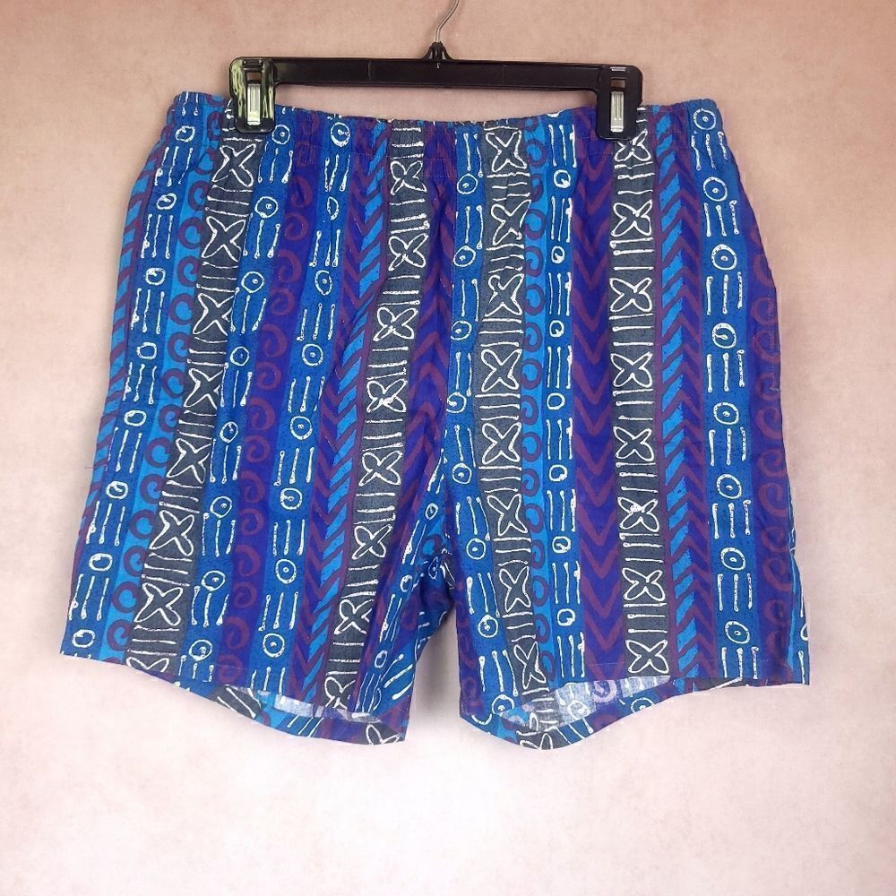 Vintage Campus Swim Trunks Shorts Blue Purple Grey Native Print Size Large